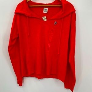 VS Pink Long Sleeve Oversized Hooded T-shirt Red L